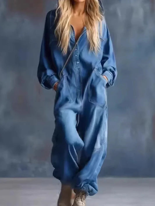 Cardydony Women's Solid Color Denim Pocket Comfortable Jumpsuit