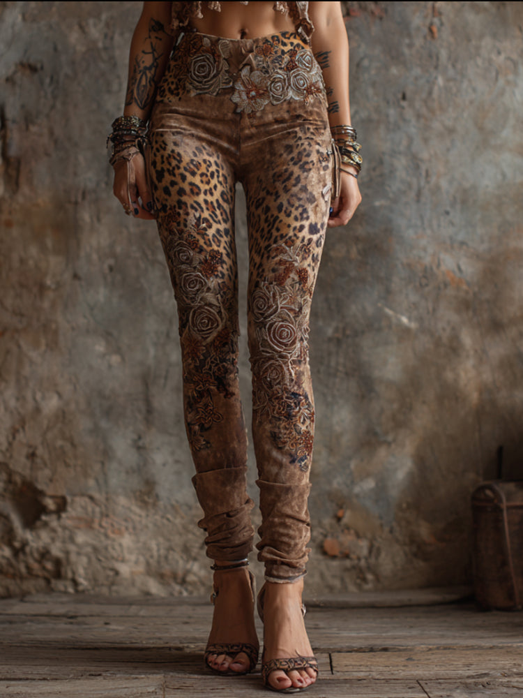 Cardydony Women's Animal Print And Wild Rose Art Casual Slimming Leggings