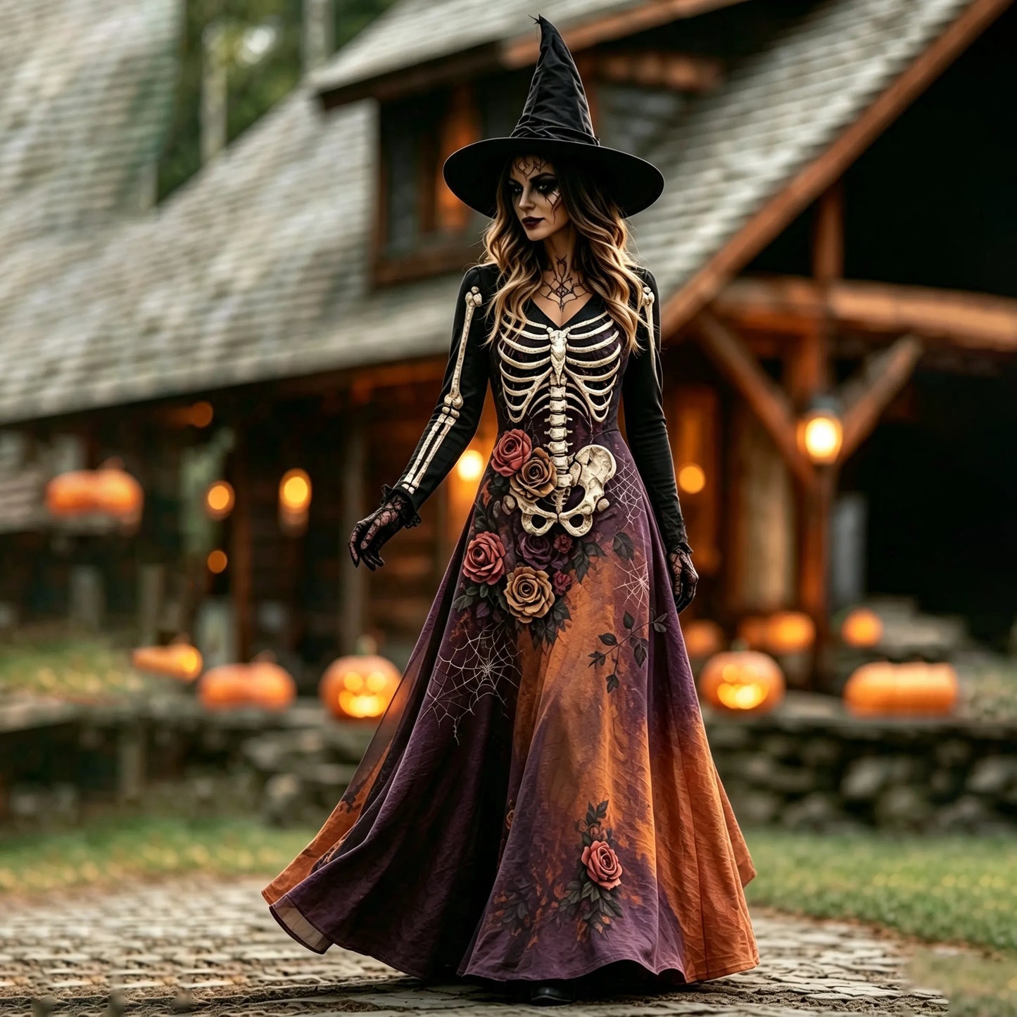 Cardydony Women's Halloween Skull Flower Gradient Print Witch V-neck Maxi Dress