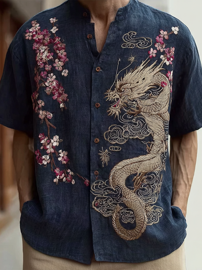 Cardydony Japanese Art Retro Leisure Short Sleeve Linen Shirt