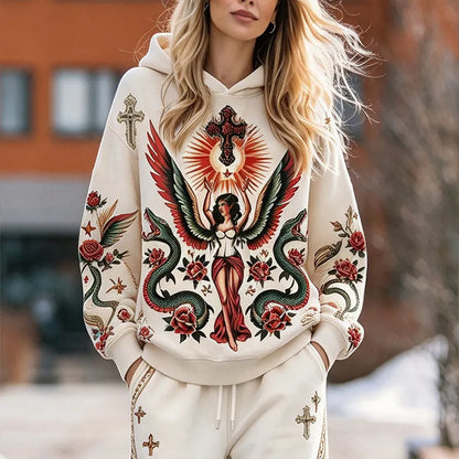 Cardydony Women's Vintage Angel And Cross Print Hoodie And Pants Set
