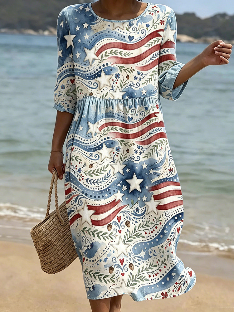 Cardydony Women's Independence Day Flag Pattern Casual Mid-sleeve Dress