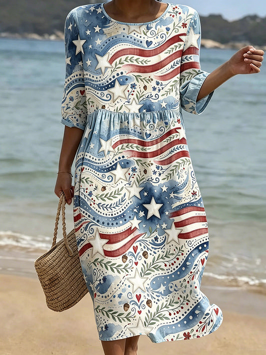 Cardydony Women's Independence Day Flag Pattern Casual Mid-sleeve Dress
