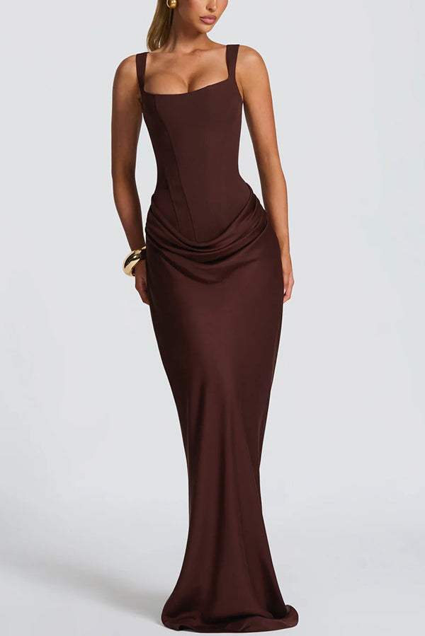 Cardydony Women's Larrah Square Neck Back Lace-up Satin Drape Hem Maxi Dress