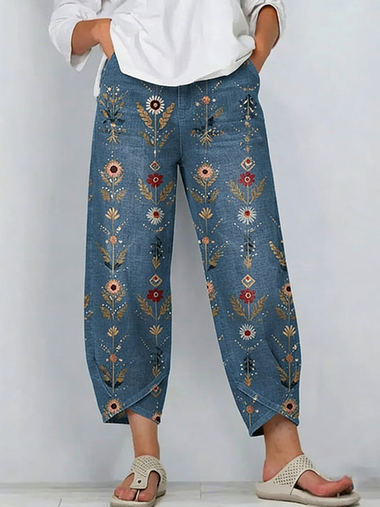 Cardydony Women's Retro Bohemian Floral Pattern Casual Linen Capri Pants