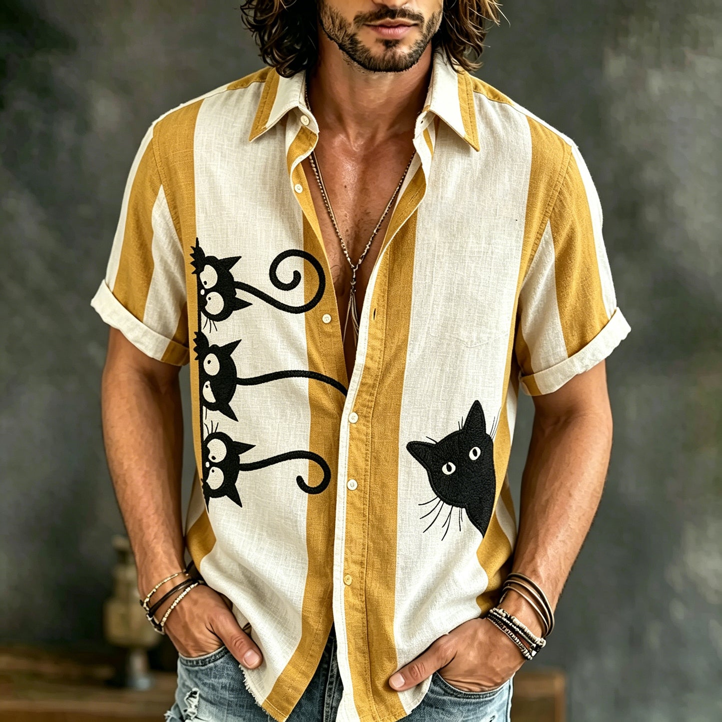 Cardydony Men's Cat Collection Cute Peeking Cat Colorblock Inspired Art Flowy Linen Blend Shirt