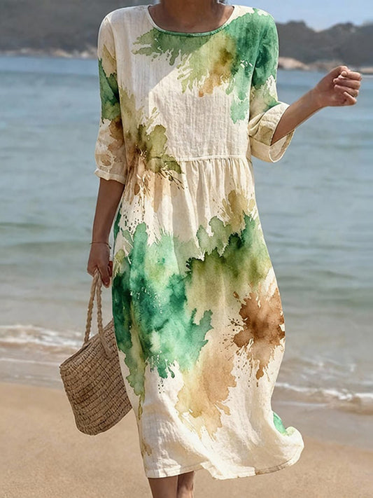 Cardydony Vintage Ink Art Pattern Linen Blend Loose Three-quarter Sleeve Dress