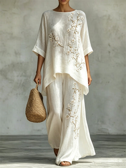 Cardydony Classy White Almond Blossom Flowy Linen Tunic & Wide Leg Pants Set