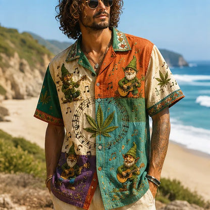 Cardydony Men's Hippie Retro Patchwork Resort Cotton Linen Shirt