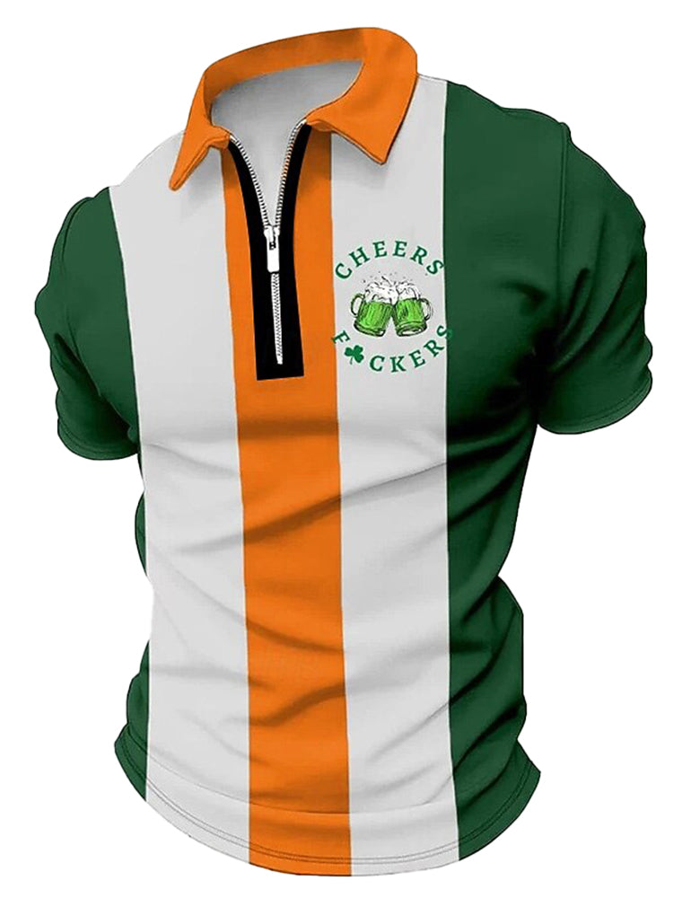 Cardydony Men's Beer Saint Patrick Day St. Patrick's Day Zipper Up Polo Shirt