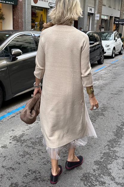 Cardydony Women's Jollie Knit Long Sleeve Front Slit Midi Sweater and Pleated Tulle Stretch Tank Midi Dress Two-piece Set
