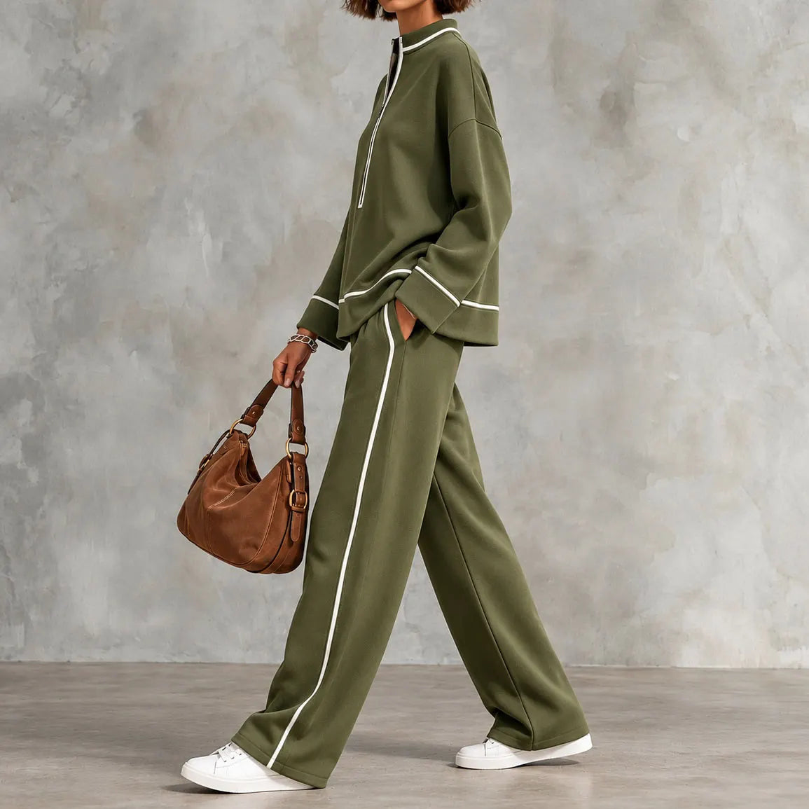 Cardydony Elegance Half-zip Pullover And Wide-leg Pants Set