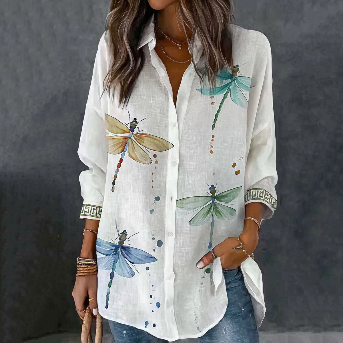 Cardydony Retro Dragonfly Pattern Linen Long Sleeve Tops