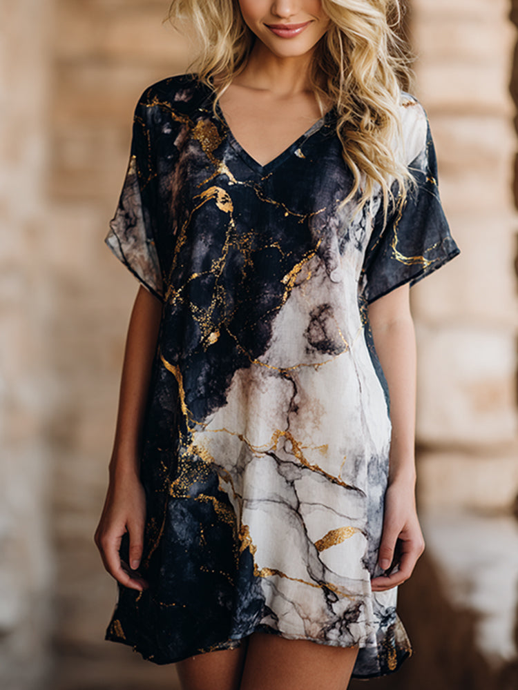 Cardydony Vintage Marble Pattern Art Pattern Linen Blend Mini Dress