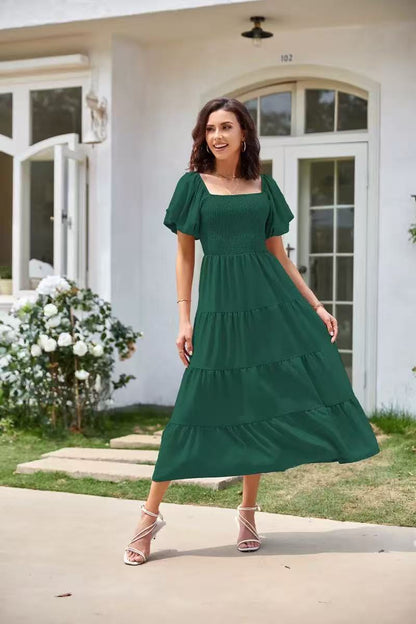 Cardydony Women's Square Neck Backless Pleated Dress