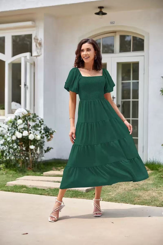 Cardydony Women's Square Neck Backless Pleated Dress