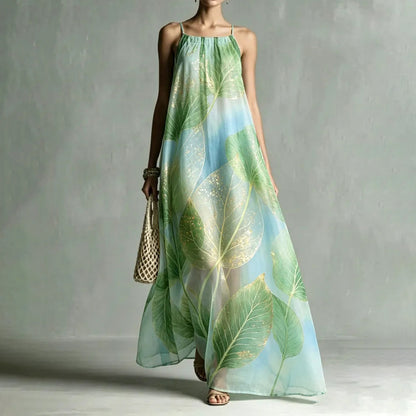 Cardydony Women's Loose Leaf Print Slim Collar Maxi Dress
