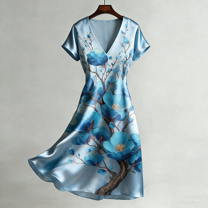 Cardydony Women's Retro Japanese-style Plum Blossom Pattern Smooth Dress