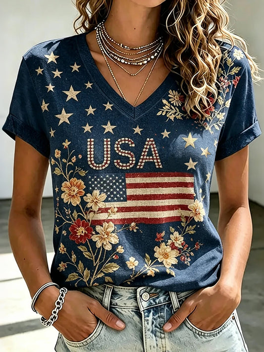 Cardydony Women's Anniversary Independence Day Printed V Neck Casual Tops