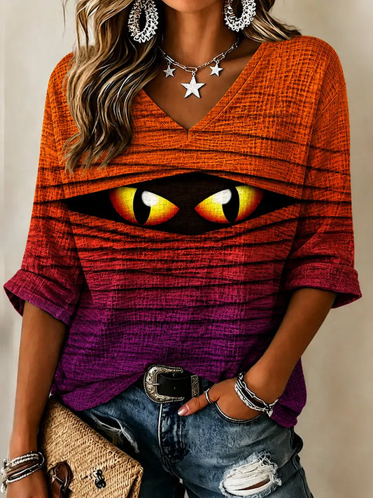 Cardydony Women's Halloween Peeping Cat Art Print V-neck Short Sleeve Top