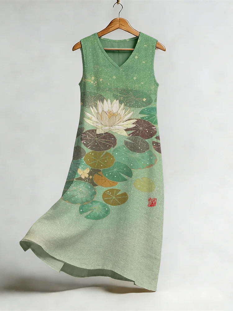 Cardydony Lotus Flower Japanese Art Flowy Linen Midi Dress