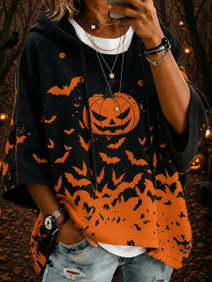 Cardydony Women's Halloween Pumpkin And Bat Art Print Casual Hoodie