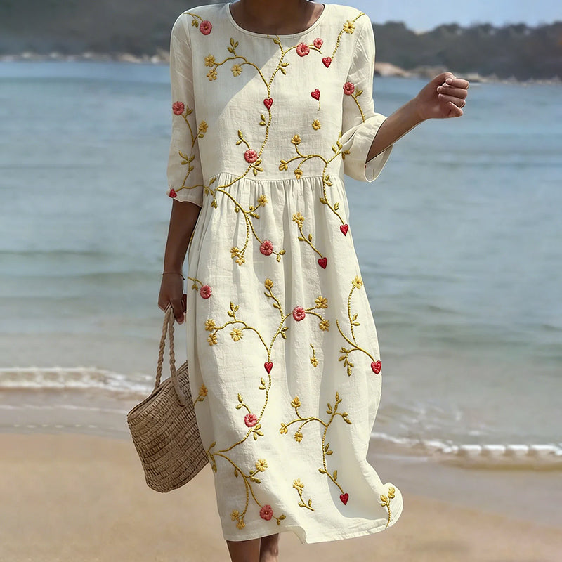 Cardydony Vintage Floral Art Pattern Linen Blend Loose Three-quarter Sleeve Dress