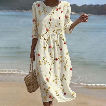 Cardydony Vintage Floral Art Pattern Linen Blend Loose Three-quarter Sleeve Dress