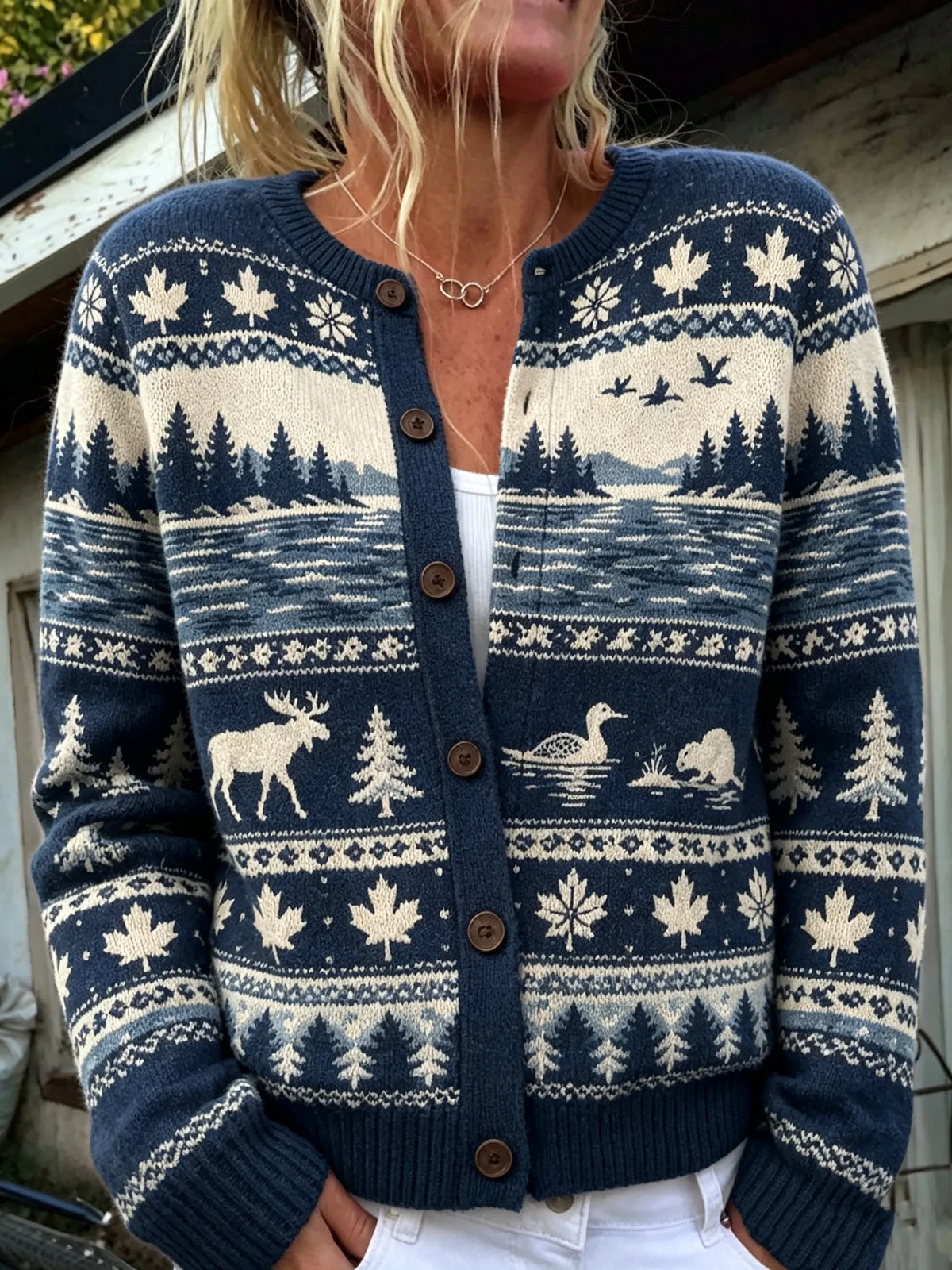 Cardydony Women's Vintage Moose And Maple Leaf Jacquard-knit Icelandic-style Cardigan