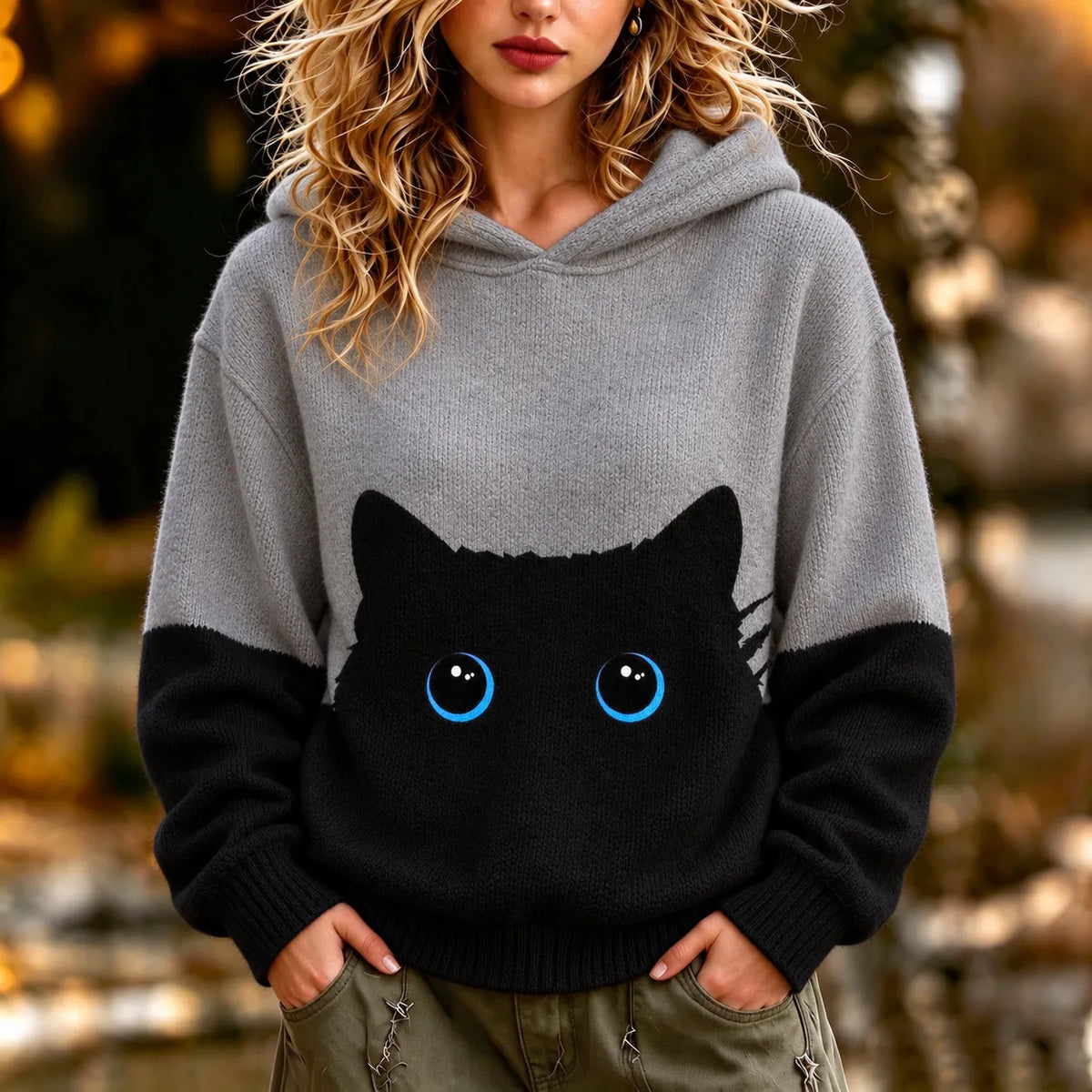 Cardydony Women's Black Cat-print Colorblock Hooded Sweater