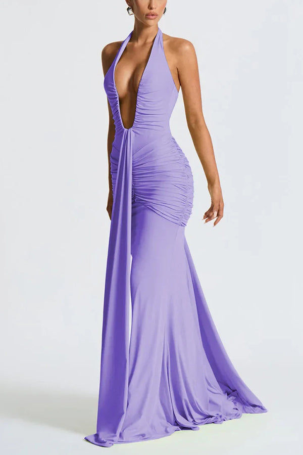 Cardydony Women's Solid Color Elegant Halterneck V-neck Open Back Tie Gathered Maxi Dress