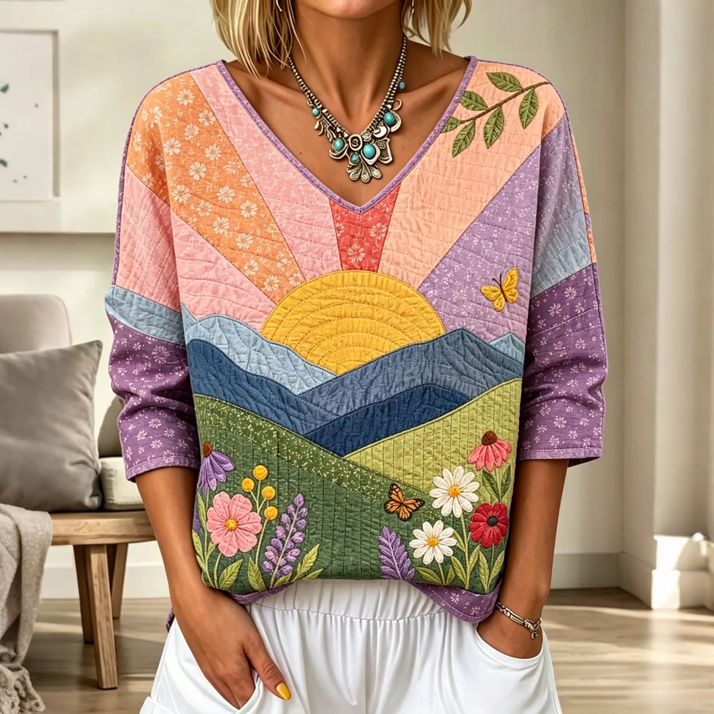 Cardydony Women's Vintage Floral In Sunshine Art Print Flowy Linen Blend Three-quarter Sleeve V Neck Linen Tops