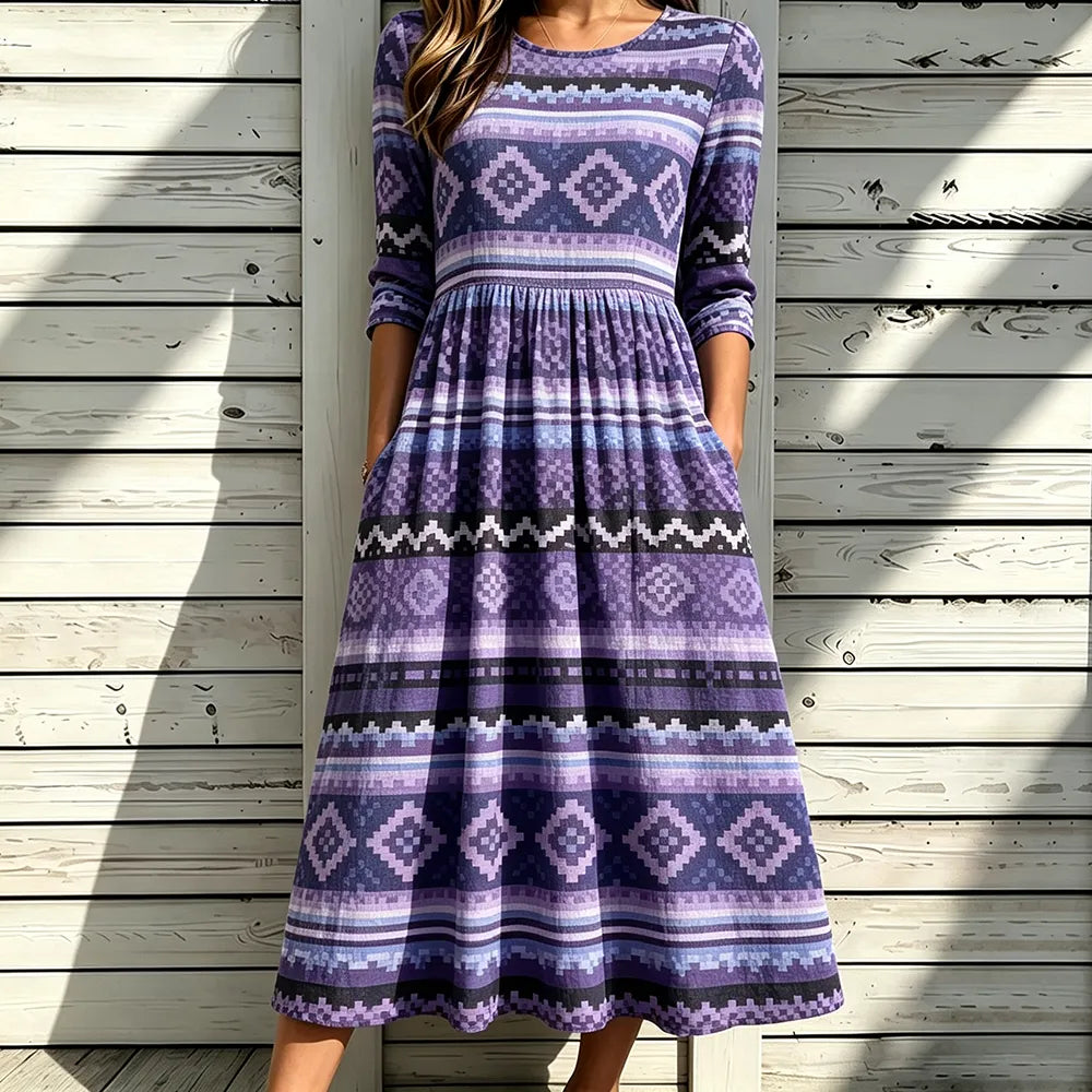 Cardydony Women's Geometric Boho Midi Dress - Purple Tribal Aztec Pattern, Diamond Geometrics And Chevron Print Casual Dress