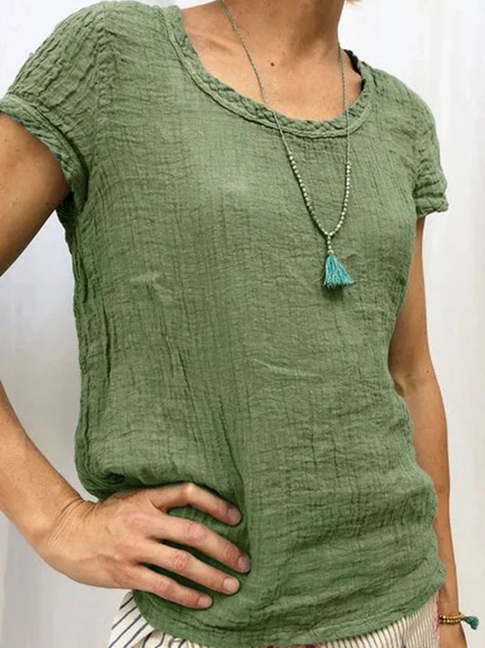 Cardydony Vintage crew neck casual linen T-shirt