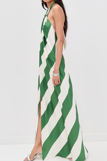 Cardydony Women's Most Dreamy Stripe Print Halter Tie-up Backless Pocket Loose Maxi Dress