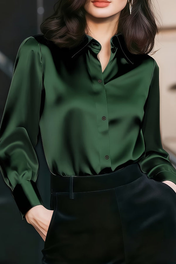 Cardydony Women's  Solid Color Collared Long-sleeved Casual Button-down Shirt