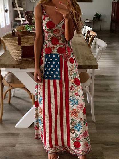Cardydony Women's Vintage Independence Day Flag & Rose Print Long Dress