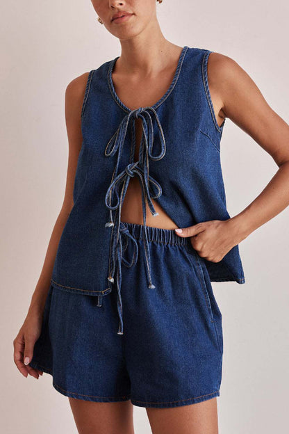 Cardydony Women's  Stylish Sleeveless Round Neck Tie-up Casual Denim Vest