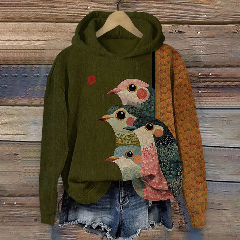 Cardydony Women's Japanese Retro Rainbow Bird Print Hooded Sweatshirt
