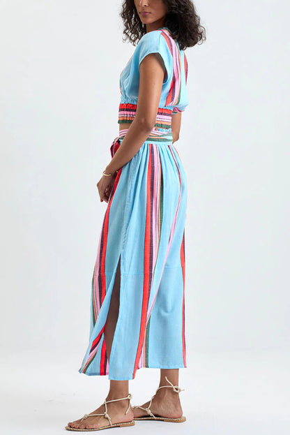 Cardydony Women's Stylish Striped Print V-neck Cropped Top and Elastic Waist Casual Maxi Skirt Set