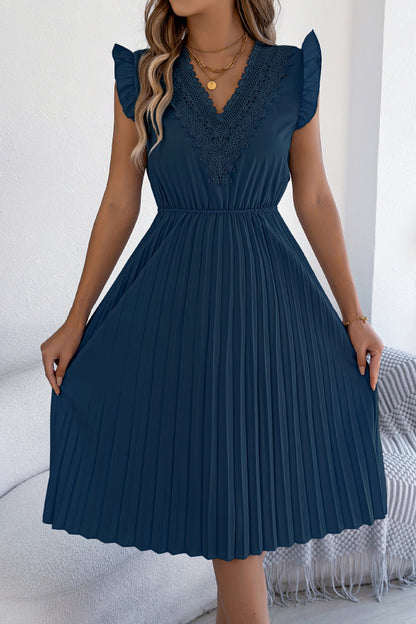 Cardydony Women's Solid Color V-neck Lace-trimmed Sleeveless Casual Pleated Midi Dress