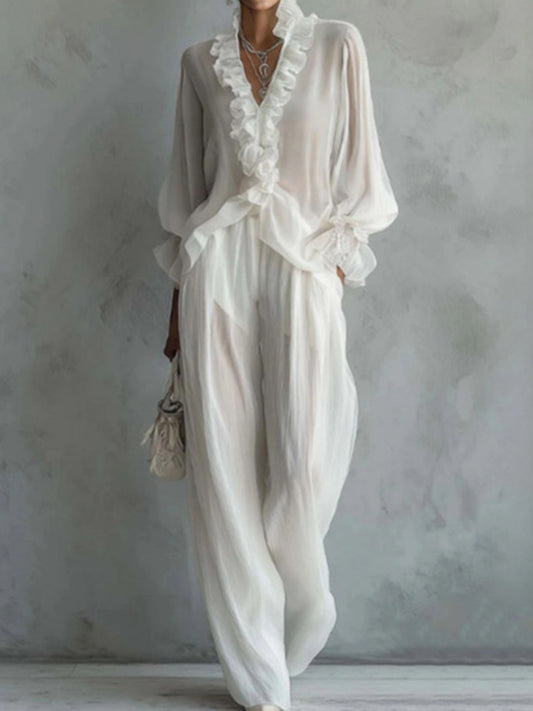 Cardydony Elegant Lace Long-sleeved Shirt And Wide-leg Pants Set