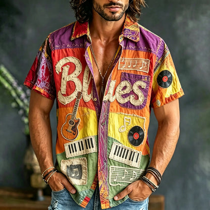 Cardydony Men's Colorful Blues Music Patchwork Fabric Print Short Sleeve Shirt