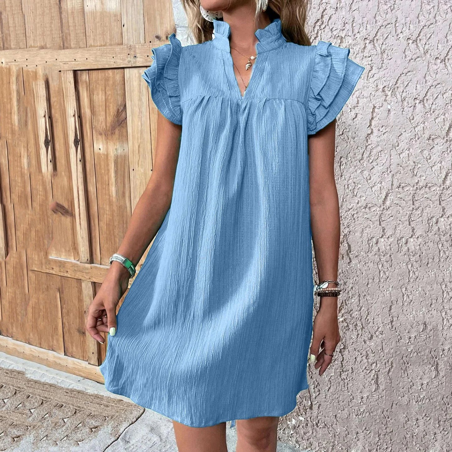 Cardydony Ruffled Notched Cap Sleeve Linen Dress