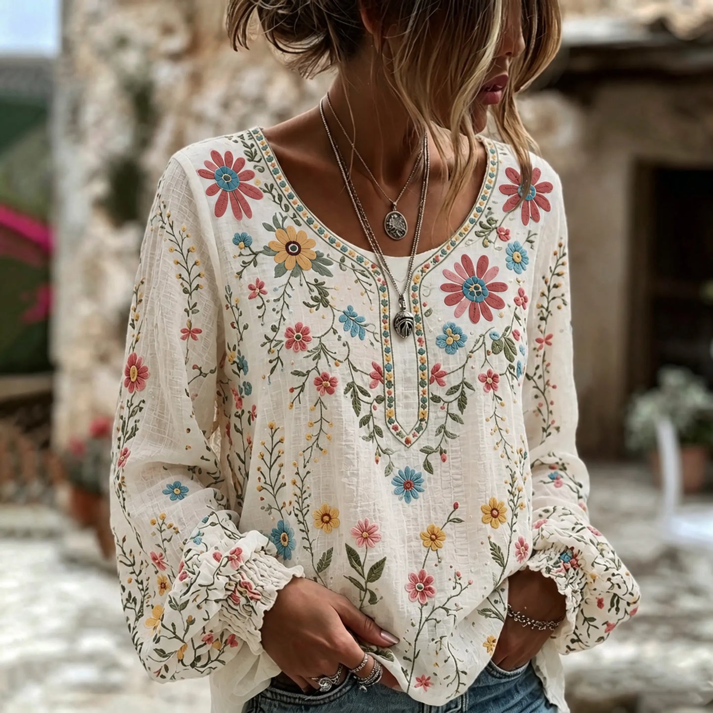 Cardydony Women's Vintage Floral Art Print Flowy Linen Blend Linen Blend Long Sleeve Casual Tops