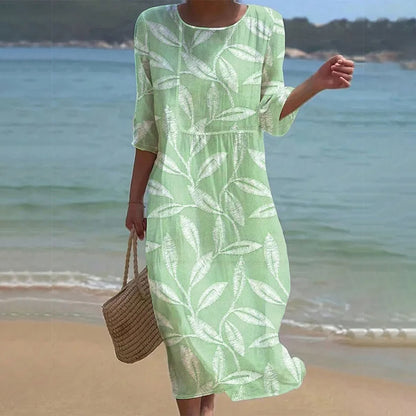 Cardydony Women's Leaf Print Linen Blend Midi Dress