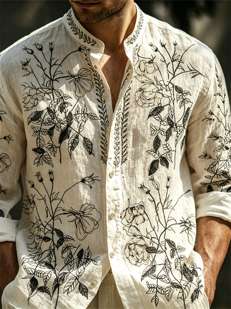 Cardydony Men's Vintage Forest Flowers Linen Shirt