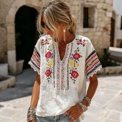 Cardydony Women's Retro Floral Embroidered Patchwork Art V Neck Linen Blend T-shirt