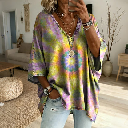 Cardydony Ethnic Kaleidoscope Women's Art Print Casual Cotton Top