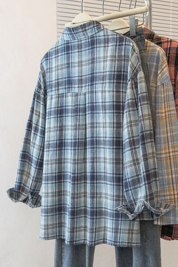 Cardydony Women's Stylish Plaid Collared Long-sleeved Pockets Casual Loose Shirt